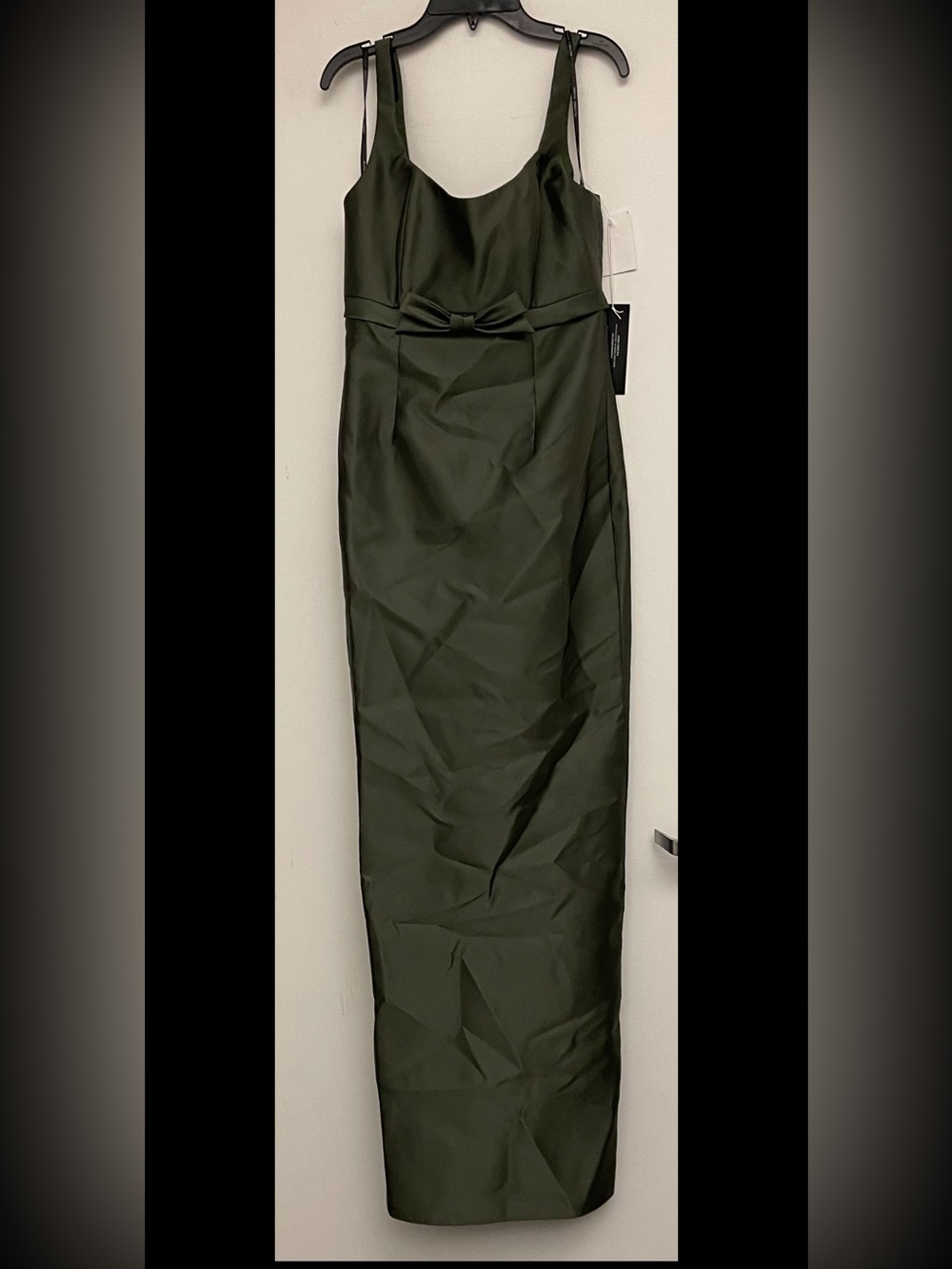 ALFRED SUNG Olive Green Satin Column Gown with Waist Bow- NWT - Picture 6 of 11